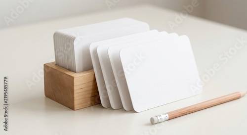 Blank white cards in a wooden holder with a pencil on a desk