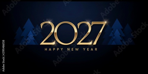 2027, Elegant New Year Design with Golden Numerals and Stylized Pine Trees Featuring Gold, Festive