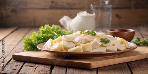 Steaming plate of fish maw and basa fish maw on a wooden table