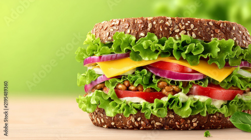 A fresh multi-layer vegetarian sandwich with whole grain bread, lettuce, cheese, tomatoes, and red onion on a wooden surface against a green background.