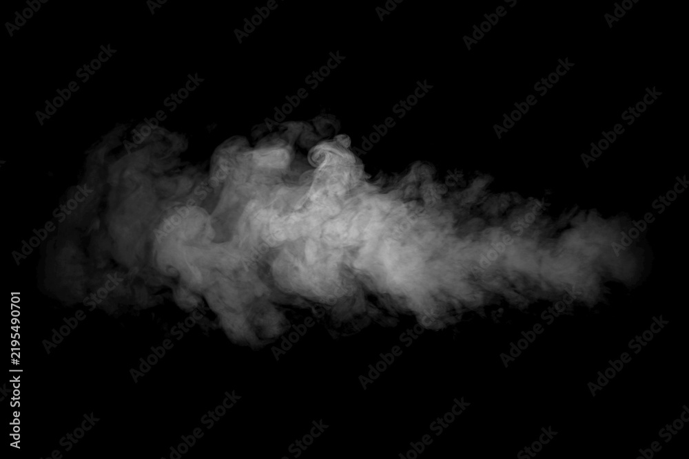 Obraz premium Abstract white smoke cloud isolated on black background, creating a dramatic atmospheric texture for overlays, backgrounds, special effects, design projects, advertising, creative visual compositions.