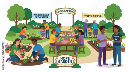 Community garden event for suicide prevention and mental health support, with people planting and crafting.