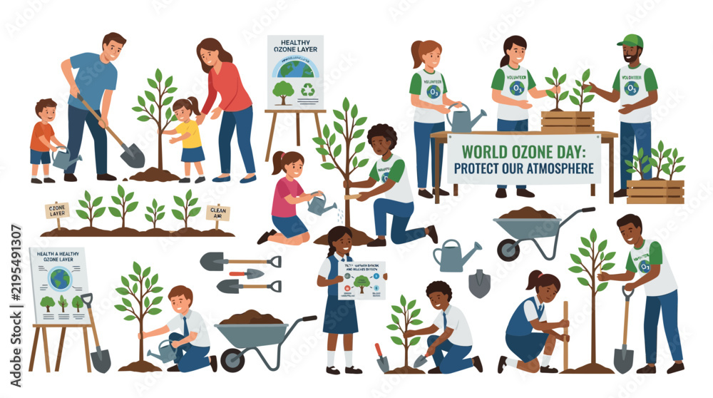 Fototapeta premium World Ozone Day: People Planting Trees, Protecting Atmosphere, Saving Earth