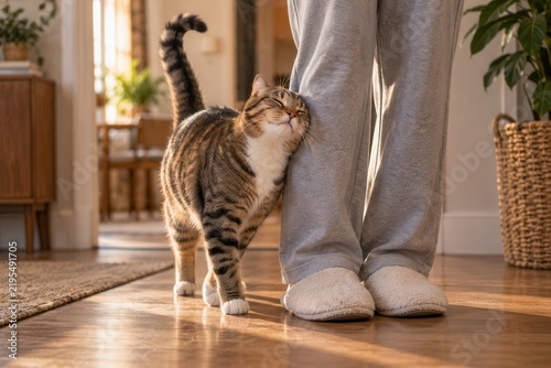 Domestic cat with striped fur rubs against the legs of a person wearing gray sweatpants and slippers in a cozy living room with wooden flooring and natural light streaming through the windows