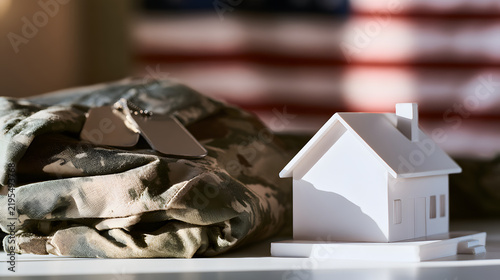 The idea of a veteran returning home in a uniform, with dog tags and a house illustration, set against an American flag backdrop. VA mortgage and housing assistance for servicemembers