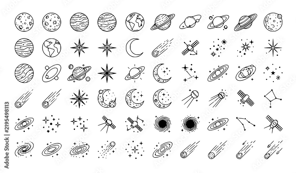Fototapeta premium Universe Planets and Satellites Linear Outline Vector Illustration Set