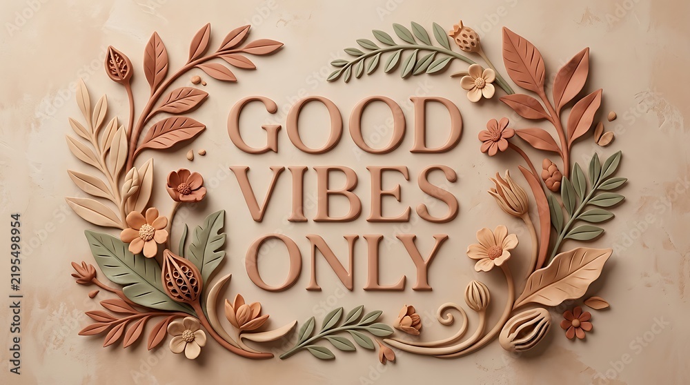 Fototapeta premium Good Vibes Only text surrounded by a decorative floral clay relief frame on a neutral textured background