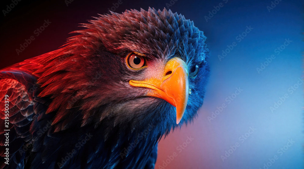 Fototapeta premium Majestic eagle portrait with glowing eyes and detailed feathers illuminated by dramatic red and blue lights at night. Fierce bird shows intense stare. Power and wild beauty.