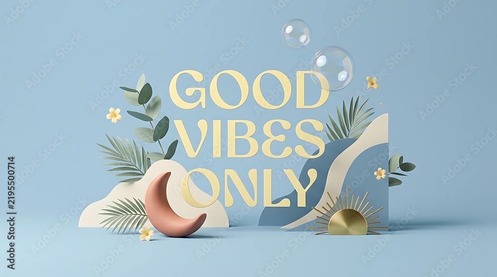 Fototapeta premium Good Vibes Only text typography with 3D moon and tropical leaf elements on a soft blue background
