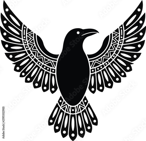 Black raven silhouette perched on a branch isolated on a white background as a vector illustration