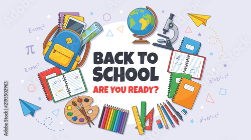 Collection of colorful school supplies and stationery items arranged on a clean white background