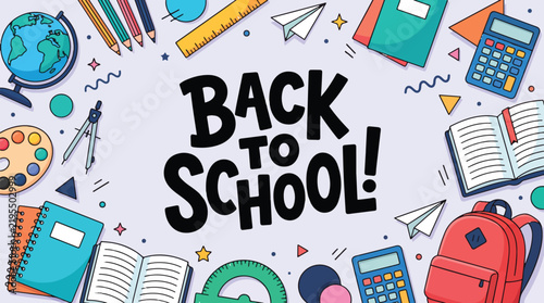 Collection of colorful school supplies and educational stationery icons arranged on a white background