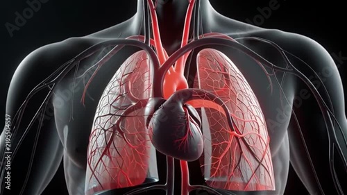 displaying the detailed pumping action of the heart and the active flow of red blood through blood vessels, the aorta, and lung tissue.