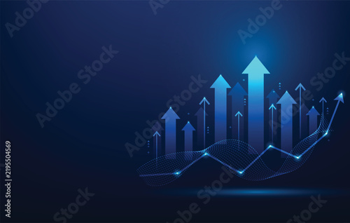 business strategy arrow growth up and chart rising technology blue background. stock investment graph increase. achievement and trend profit income. vector illustration fantastic technology.