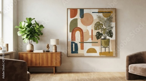 Modern Minimalist Living Room Interior with Abstract Geometric Art and Potted Plant.