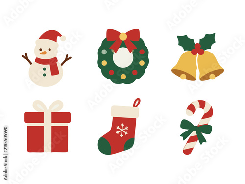 Set of cute flat Christmas icons vector illustration featuring snowman, wreath, bells, gift box, stocking, and candy cane