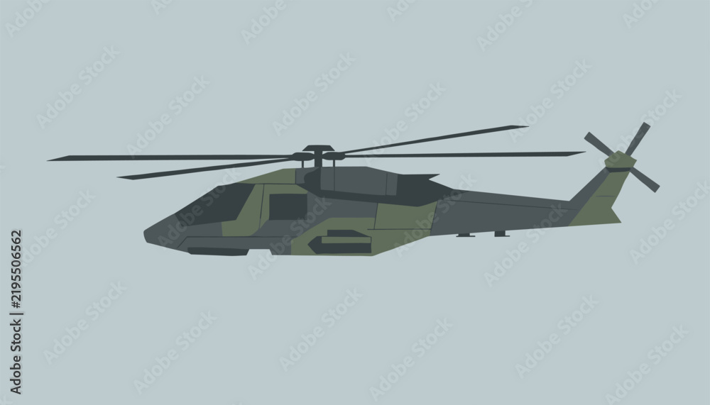 Fototapeta premium Side view illustration of a modern military stealth helicopter painted in camouflage green and gray against a solid background.