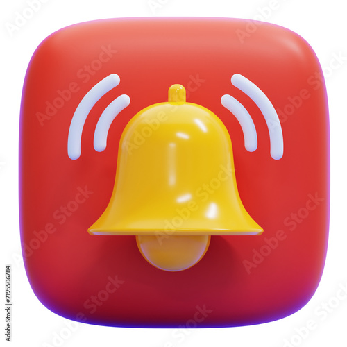 Konstfotografi 3D Rendered Yellow Notification Bell Icon with Sound Waves on a Red Rounded Squa