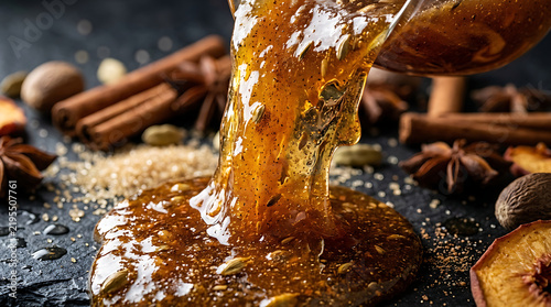 Golden honey pouring, spices, dried fruit, close-up, macro, food photography
