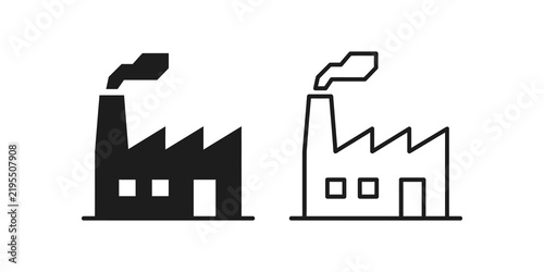 Black factory building icons with smoke on transparent background.