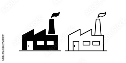 Factory building icon with smoking chimney in two different styles.