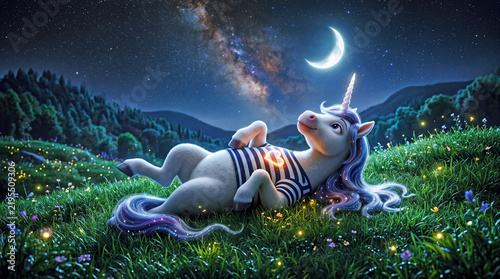 Cute cartoon unicorn lying on grass under crescent moon and starry night sky