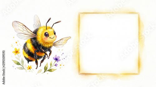 Cute smiling fuzzy bee flying near colorful flower with empty space