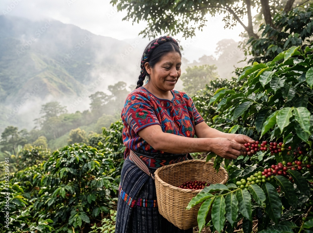Fototapeta premium Indigenous Woman Harvesting Ripe Coffee Cherries in the Mountains