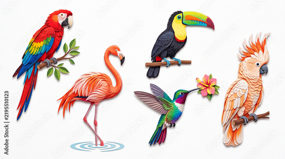 Fototapeta premium Colorful tropical bird set with parrot flamingo toucan hummingbird cockatoo
