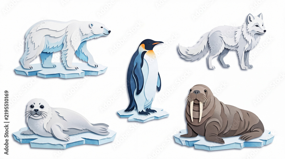Fototapeta premium Detailed cartoon style animals on ice including polar bear, wolf, seal, penguin, and walrus
