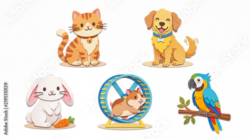 Cute cartoon pet illustrations with cat dog rabbit hamster parrot wheel