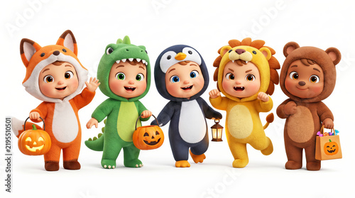 Cute toddler kids in animal costumes holding Halloween pumpkin bucket and lantern