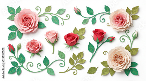 Detailed pink and red rose flower with green leaf illustrations isolated
