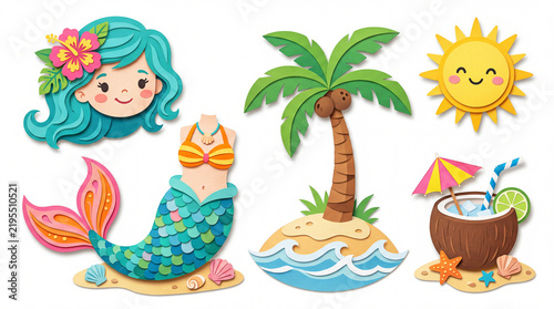 Colorful paper cutout style mermaid tropical island coconut drink sun and palm