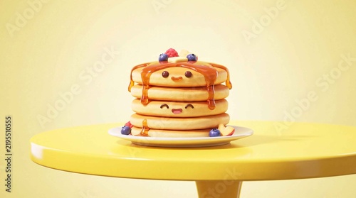 Stack of three smiling pancakes with syrup and fresh berry topping on plate