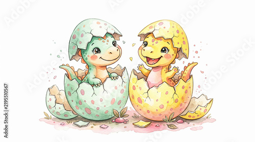 Cute Baby Dinosaur Hatching from Egg with Colorful Spots in Cartoon Style