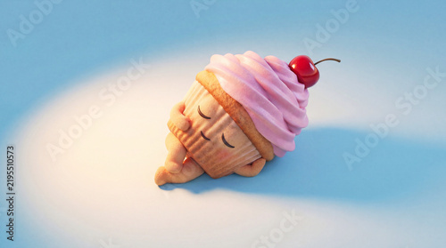 Cute sleeping cupcake with pink frosting and cherry on top in soft light