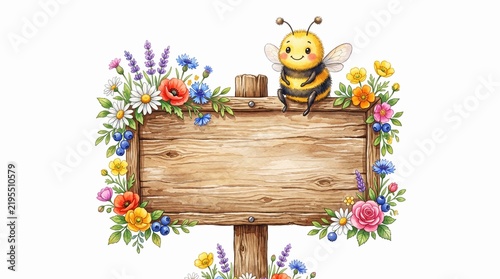Cute bee sitting on wooden sign surrounded by colorful wildflower garden