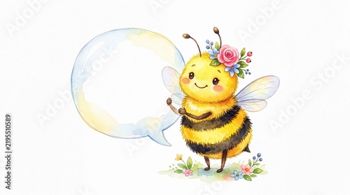 Cute smiling bee with flower crown and empty speech bubble watercolor