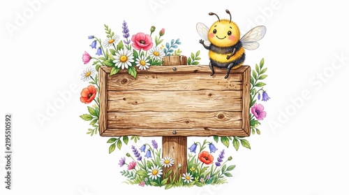 Cute cartoon bee flying next to wooden blank sign surrounded by wildflower garden