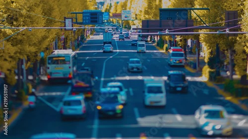 A timelapse of miniature traffic jam at the yellow gingko street in Tokyo zoom