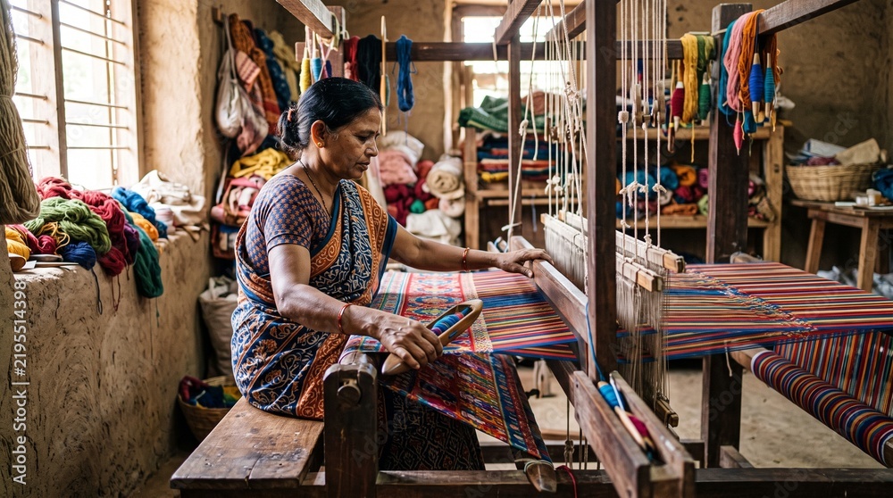 Obraz premium Skilled artisan woman weaving colorful fabric on a traditional loom in a rustic workshop