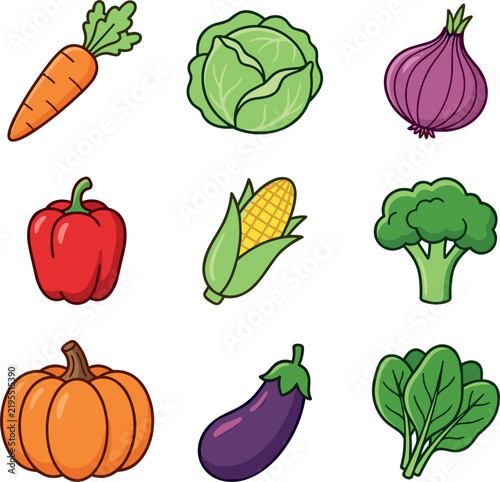 Fresh Organic Vegetables Icon Set with Carrot Cabbage Onion Pepper Corn Broccoli Pumpkin Eggplant and Spinach Symbols for Grocery Store and Healthy Food Menu Designs