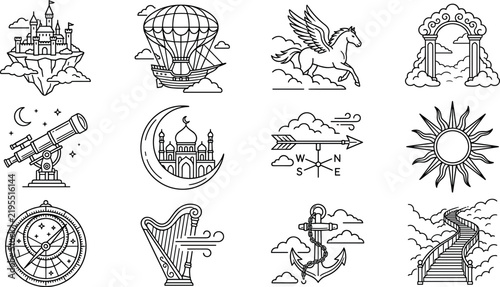 Foto Fantasy Mythology and Celestial Line Icon Set with Flying Island Pegasus Telesco