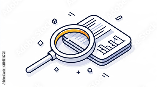 Magnifying Glass Over Data Analysis: An isometric illustration of a magnifying glass positioned over a document filled with charts and graphs, symbolizing research, data analysis, and discovery.