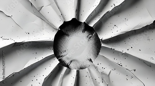 Crumpled white paper radiating from a central halftone circle with ink.