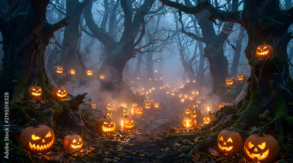 Fototapeta premium Spooky Halloween forest filled with glowing jack-o-lanterns and mysterious fog at night.