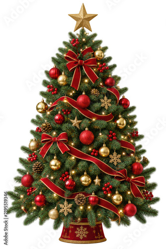 A decorated Christmas tree with red bows, gold and red ornaments, ribbons, pine cones, and a golden star on top.