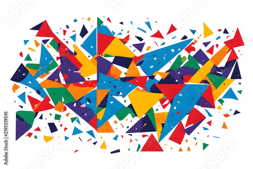 Abstract Dynamic Composition of Colorful Geometric Triangles and Polygons on a White Background