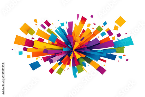 Dynamic burst of vibrant colors and abstract geometric shapes exploding outwards, forming an energetic and modern background perfect for celebrations, marketing, and creative digital designs